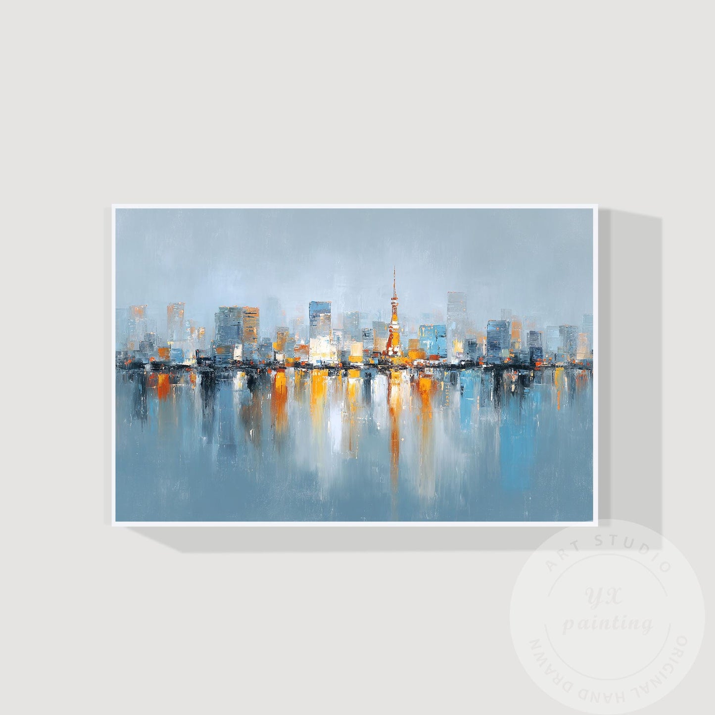 Tokyo Skyline Wall Art, Extra Large Horizontal Abstract Painting, Modern City Re #6