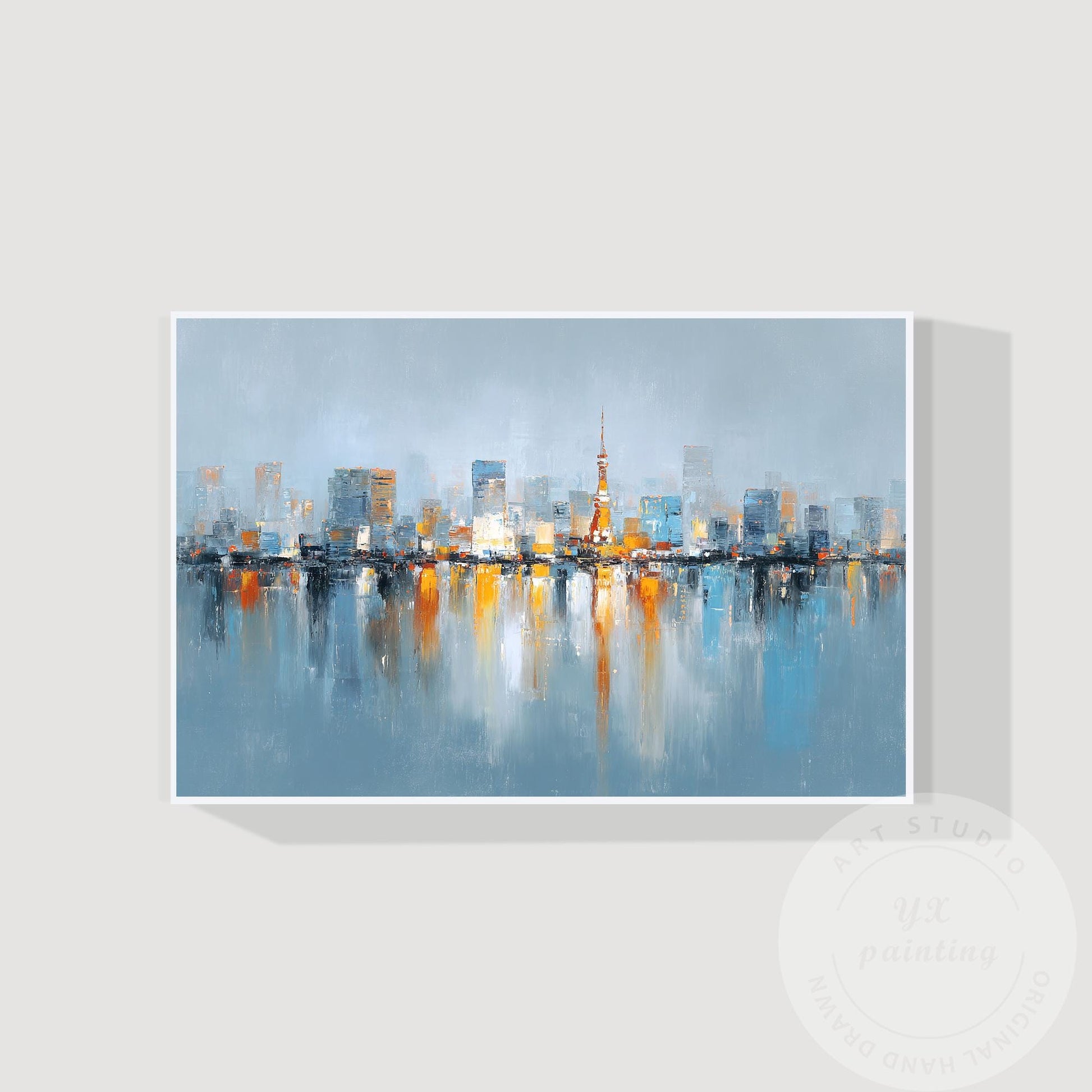 Tokyo Skyline Wall Art, Extra Large Horizontal Abstract Painting, Modern City Re #6