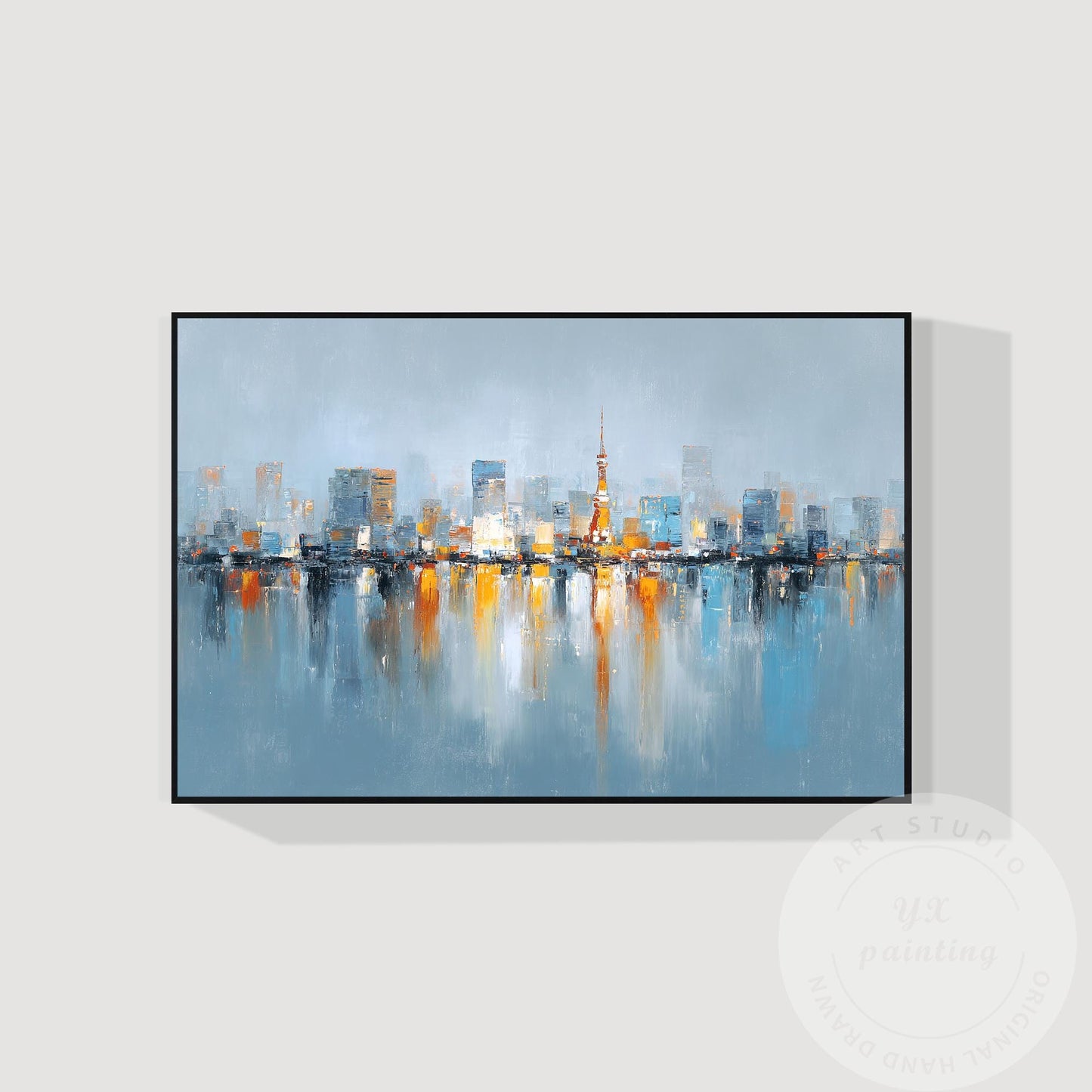 Tokyo Skyline Wall Art, Extra Large Horizontal Abstract Painting, Modern City Re #7