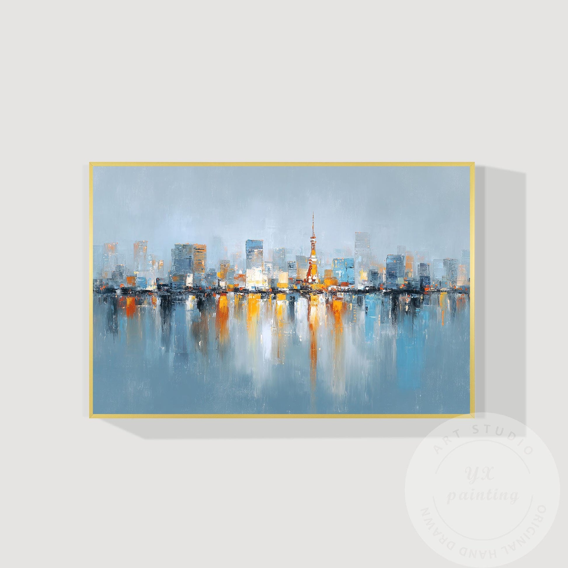 Tokyo Skyline Wall Art, Extra Large Horizontal Abstract Painting, Modern City Re #9
