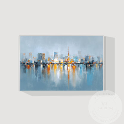 Tokyo Skyline Wall Art, Extra Large Horizontal Abstract Painting, Modern City Re #10