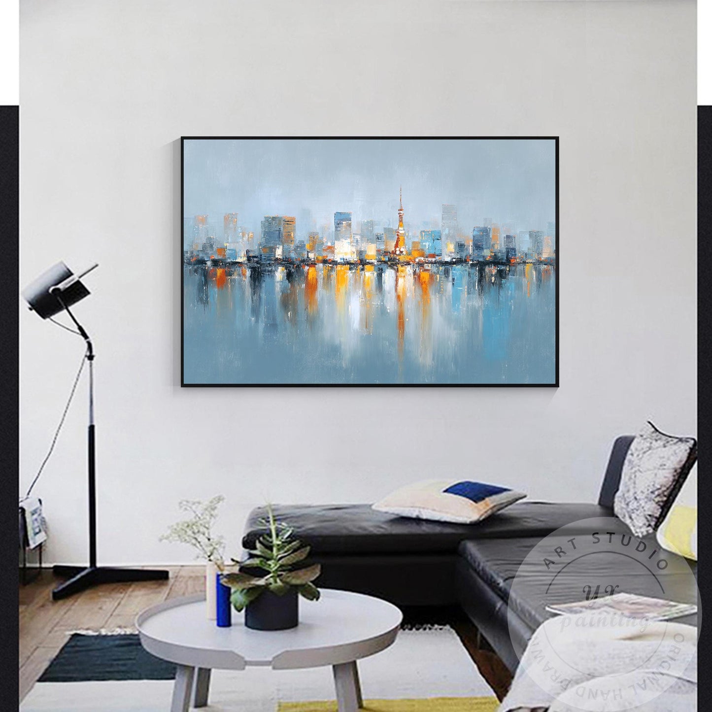 Tokyo Skyline Wall Art, Extra Large Horizontal Abstract Painting, Modern City Re #1
