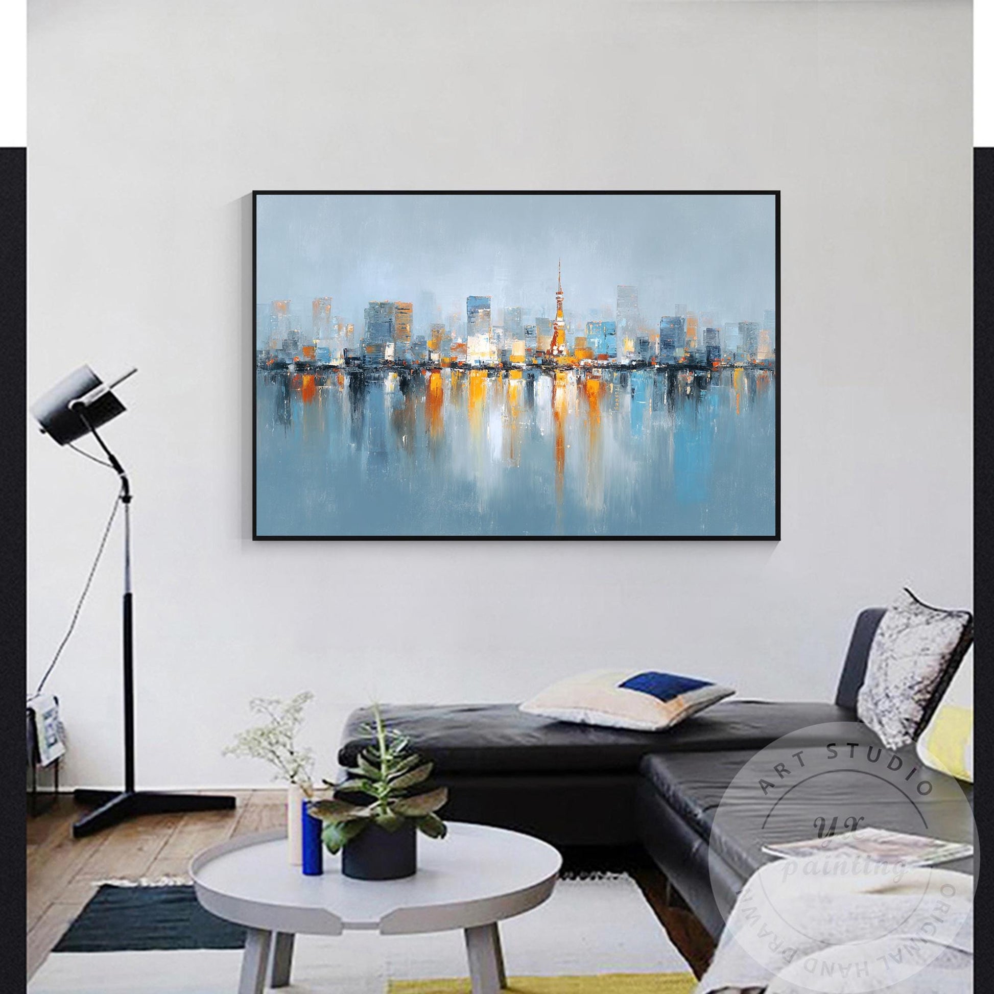 Tokyo Skyline Wall Art, Extra Large Horizontal Abstract Painting, Modern City Re #1