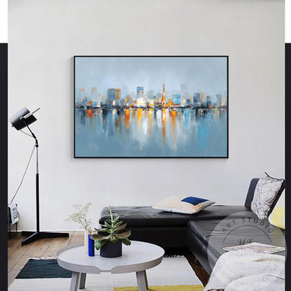 Tokyo Skyline Wall Art, Extra Large Horizontal Abstract Painting, Modern City Re #1