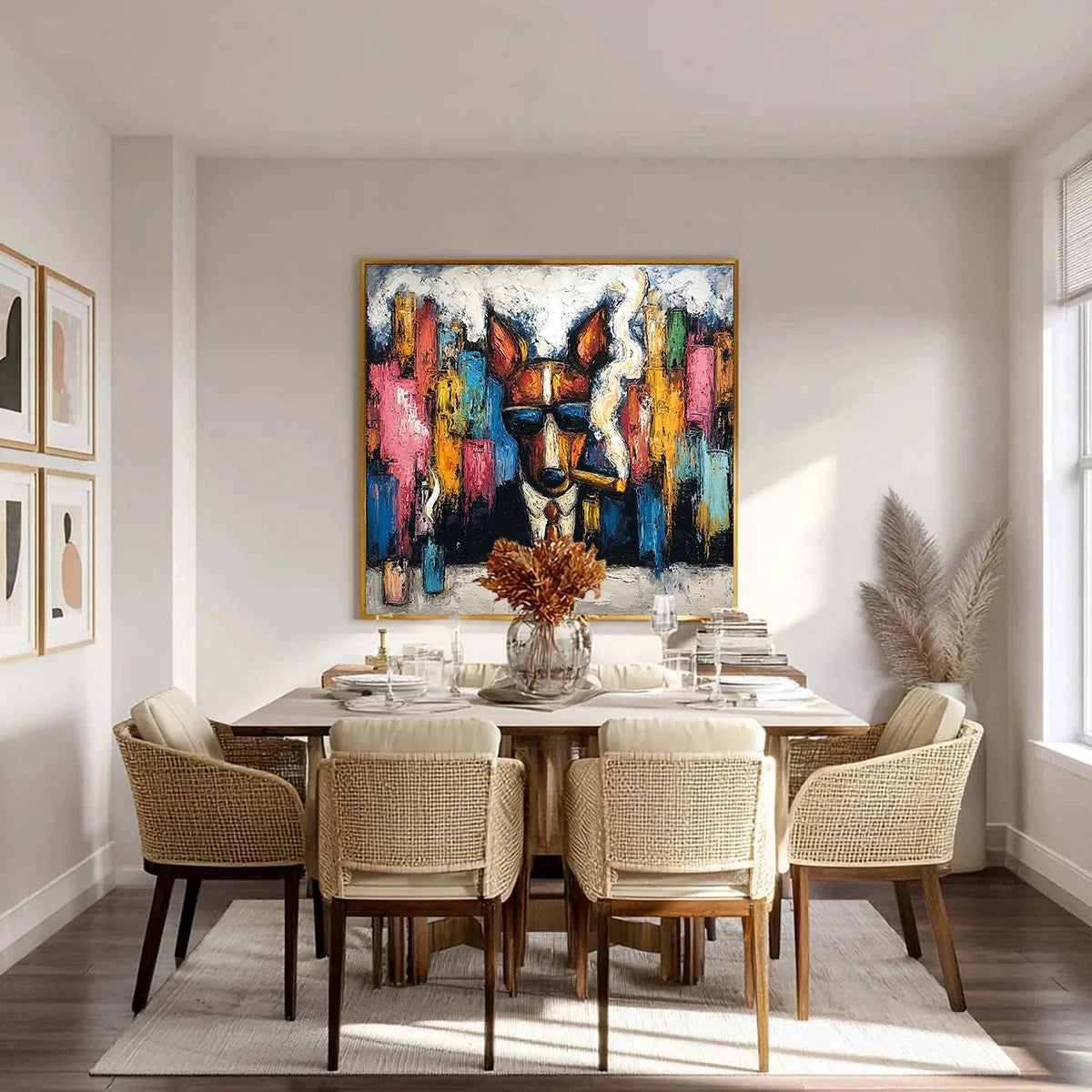 TOP DOG: Textured Impasto Painting of a Dog in the City | gold frame stretched on neutral wall