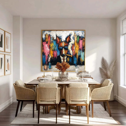 TOP DOG: Textured Impasto Painting of a Dog in the City | gold frame stretched on neutral wall