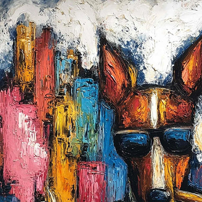 TOP DOG: Textured Impasto Painting of a Dog in the City | rolled canvas, ready for custom framing