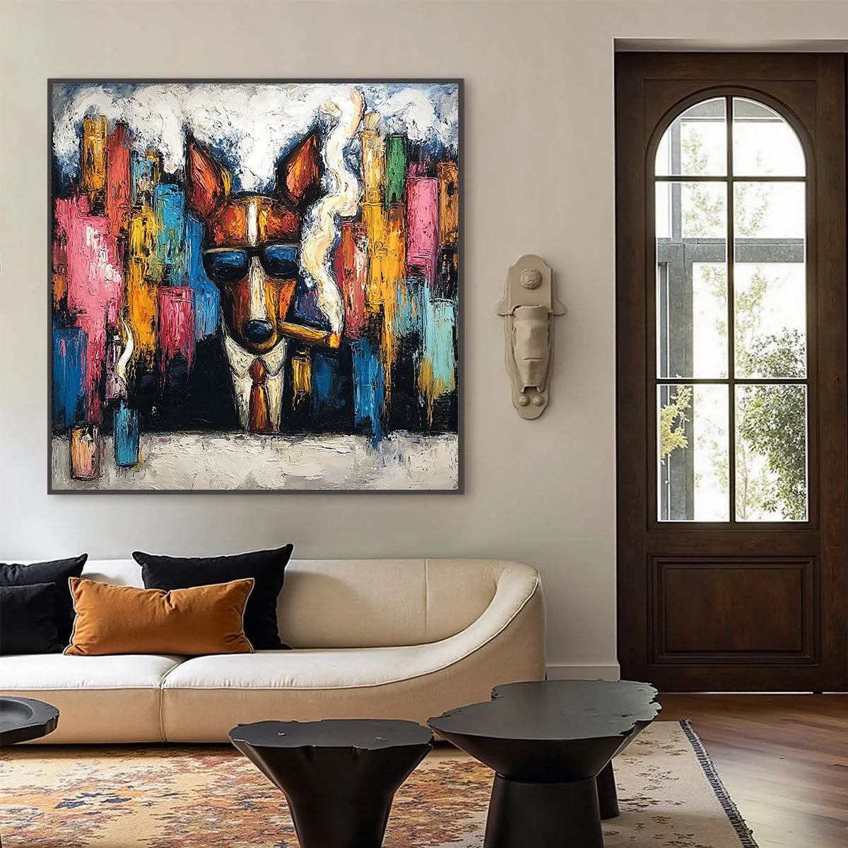 TOP DOG: Textured Impasto Painting of a Dog in the City | black frame version on white wall