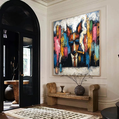 TOP DOG: Textured Impasto Painting of a Dog in the City | multi-color palette, original oil on stretched canvas art