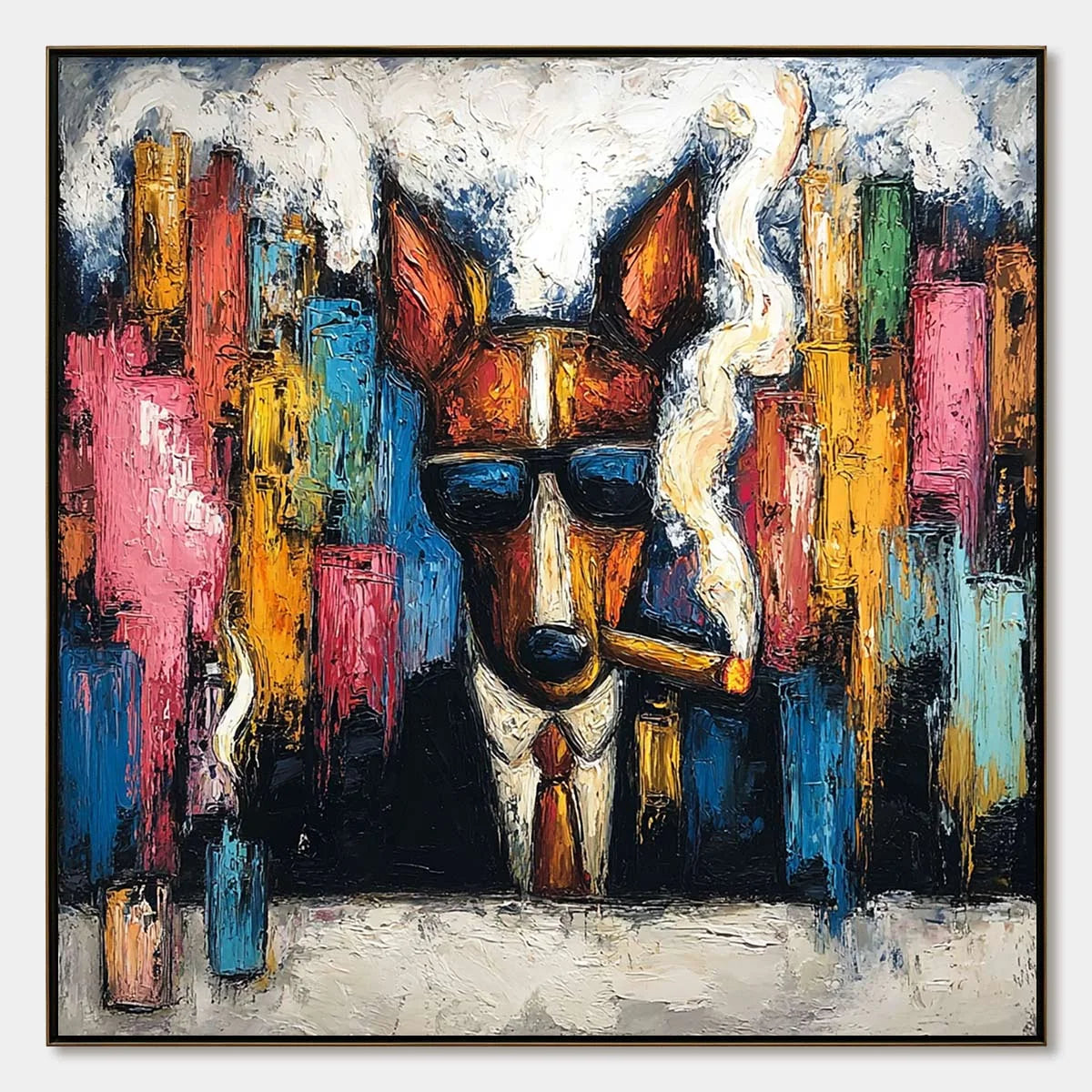 TOP DOG: Textured Impasto Painting of a Dog in the City | hanging in living room, Abstract wall art
