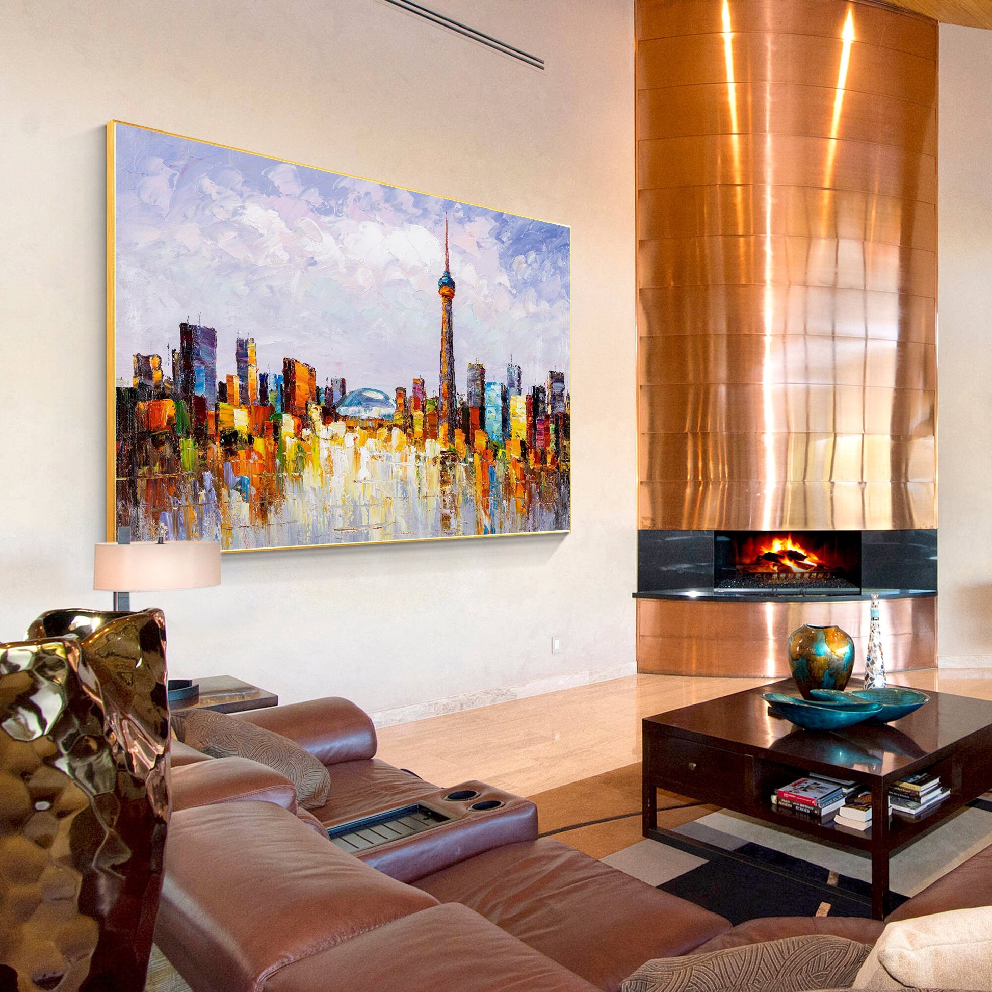 Toronto Skyline Painting: Heavy Texture Acrylic Canvas Art #4