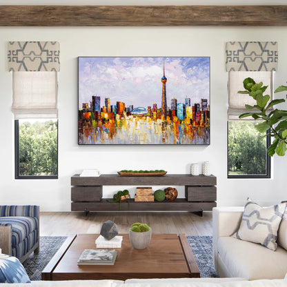 Toronto Skyline Painting: Heavy Texture Acrylic Canvas Art #5