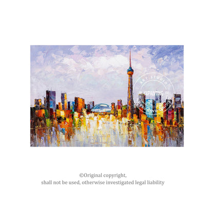 Toronto Skyline Painting: Heavy Texture Acrylic Canvas Art #7