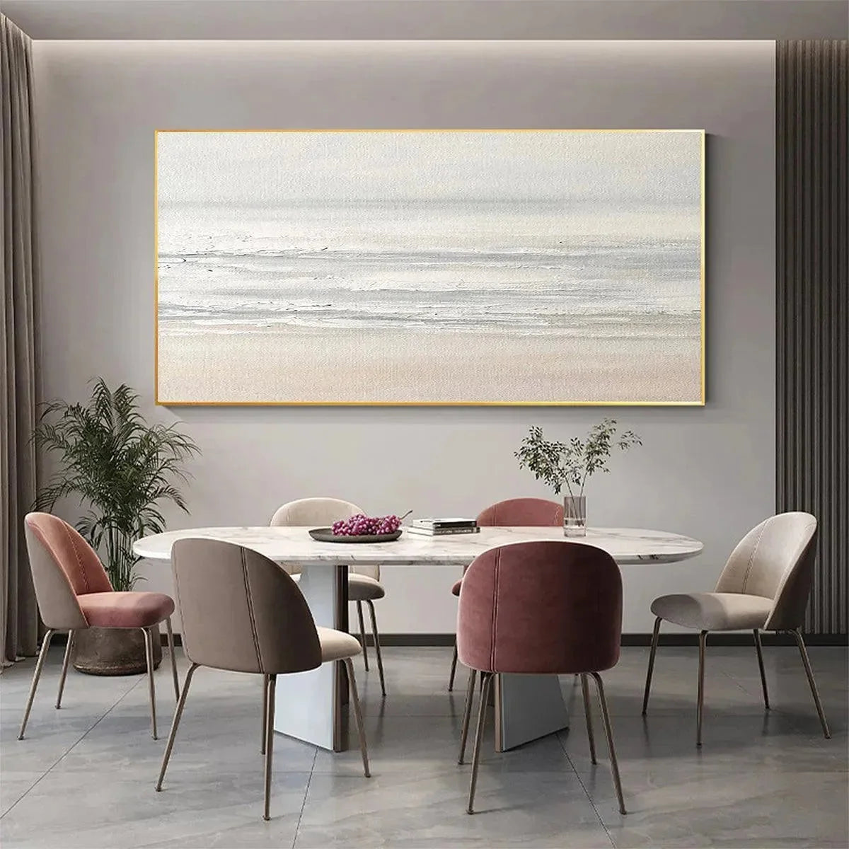 TRANQUIL COAST: Minimalist Coastal Landscape Painting in Neutral Tones | Landscape closeup, raised brushwork detail
