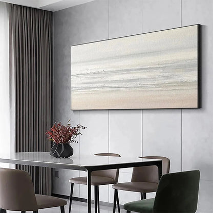 TRANQUIL COAST: Minimalist Coastal Landscape Painting in Neutral Tones | gold frame stretched on neutral wall