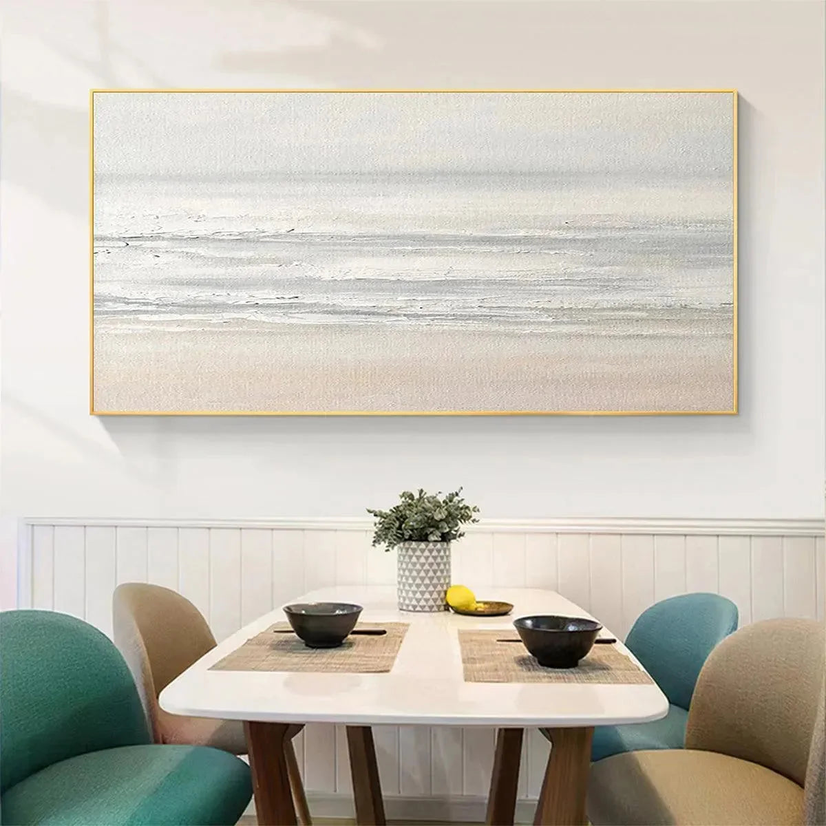 TRANQUIL COAST: Minimalist Coastal Landscape Painting in Neutral Tones | rolled canvas, ready for custom framing