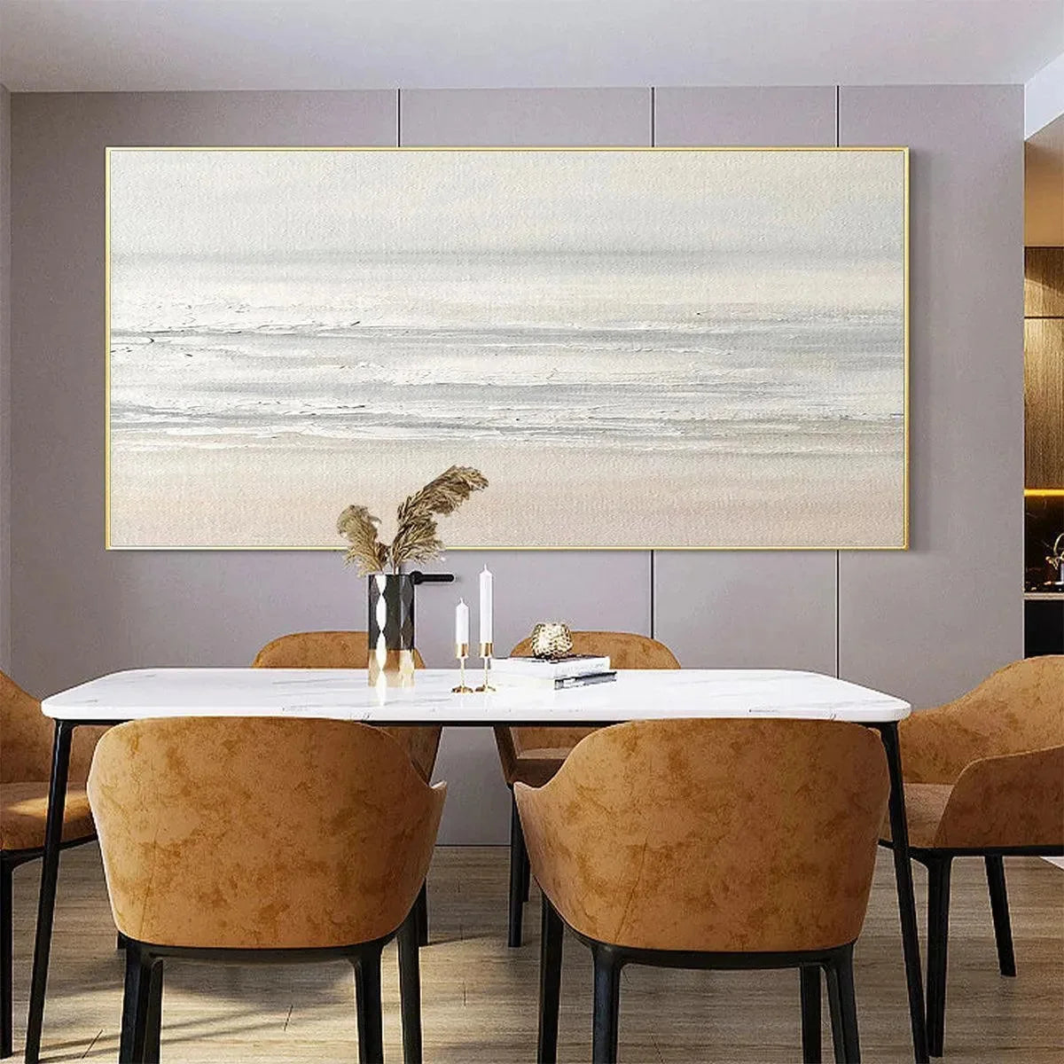 TRANQUIL COAST: Minimalist Coastal Landscape Painting in Neutral Tones | Landscape mood, soft natural light studio shot
