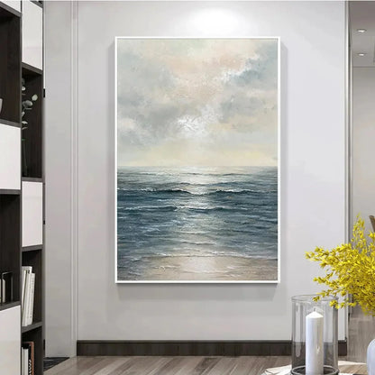 TRANQUIL SHORES: Serene Coastal Landscape Oil Painting | gold frame stretched on neutral wall