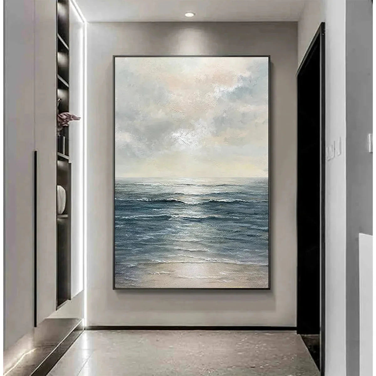 TRANQUIL SHORES: Serene Coastal Landscape Oil Painting | rolled canvas, ready for custom framing
