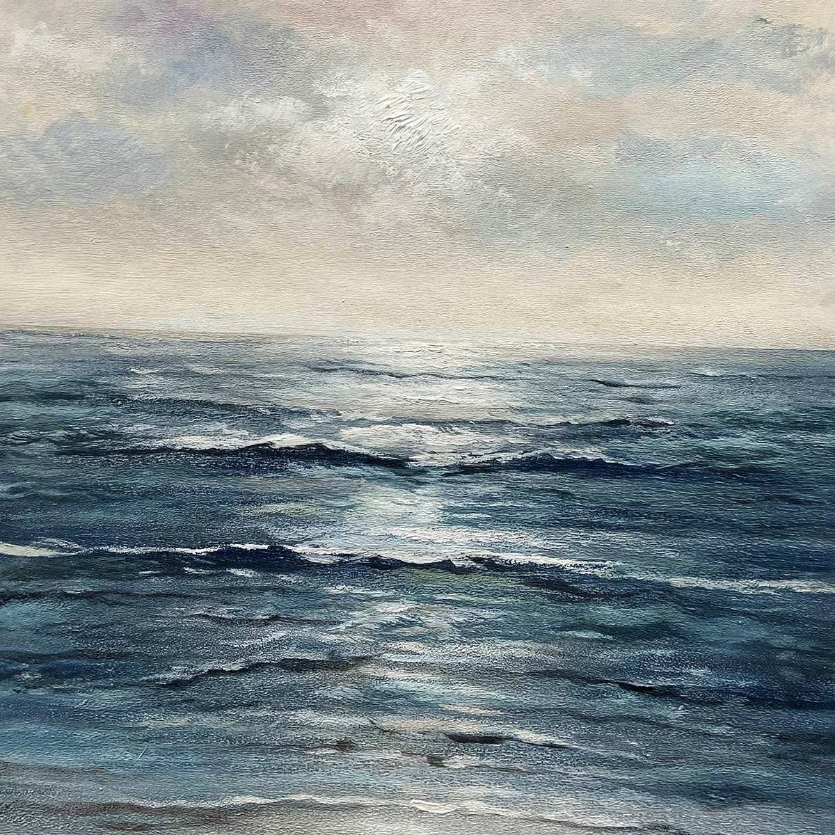 TRANQUIL SHORES: Serene Coastal Landscape Oil Painting | black frame version on white wall