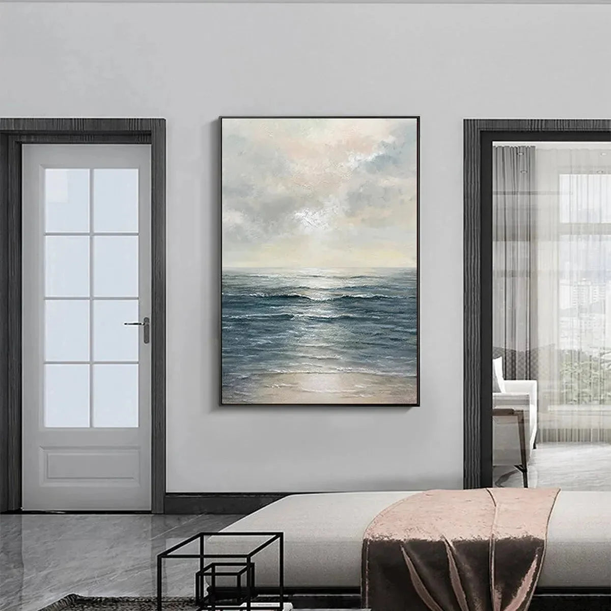 TRANQUIL SHORES: Serene Coastal Landscape Oil Painting | Landscape mood, soft natural light studio shot