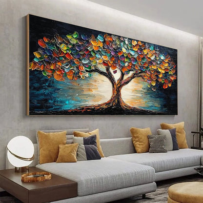 TREE OF LIFE: Textured Impasto Colorful Tree Oil Painting | gold frame stretched on neutral wall