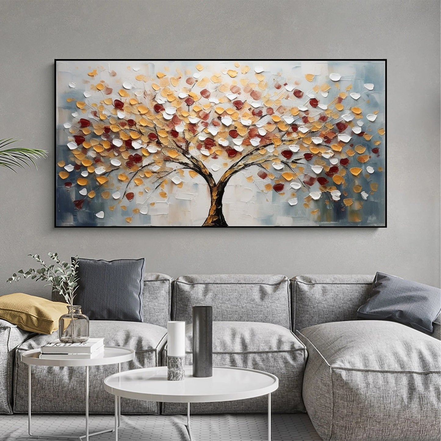 Tree of Life Large Textured Landscape Painting Canvas styled in a refined neutral room setting to show wall scale, calm proportion, and interior decor mood.