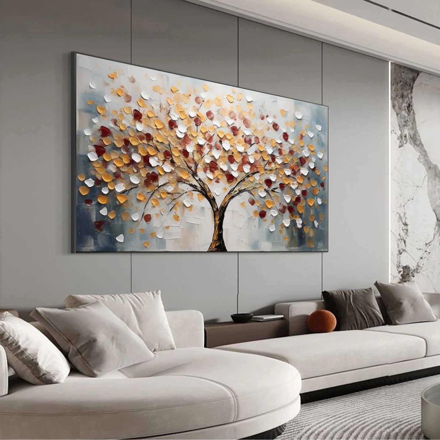 Tree of Life Large Textured Landscape Painting Canvas styled in a refined neutral room setting to show wall scale, calm proportion, and interior decor mood.