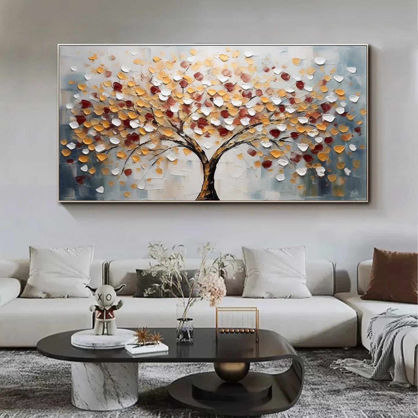 Tree of Life Large Textured Landscape Painting Canvas styled in a refined neutral room setting to show wall scale, calm proportion, and interior decor mood.