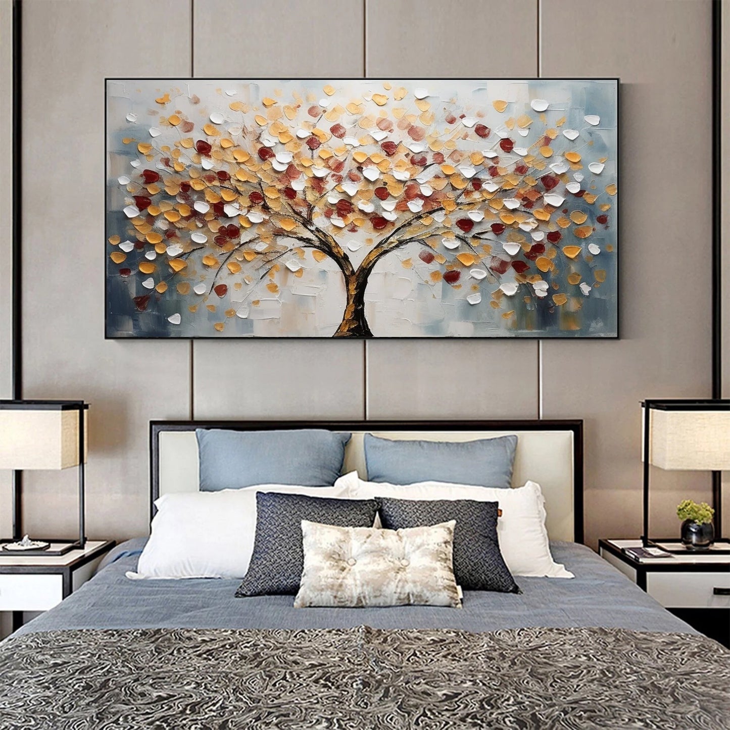 Tree of Life Large Textured Landscape Painting Canvas styled in a refined neutral room setting to show wall scale, calm proportion, and interior decor mood.