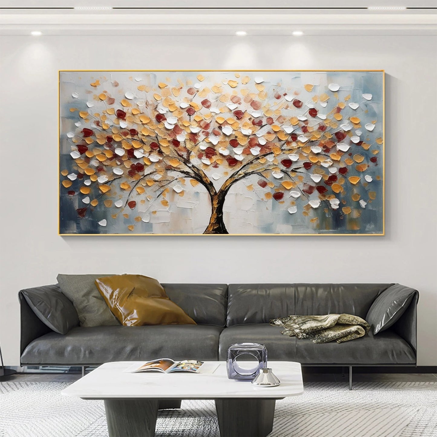 Tree of Life Large Textured Landscape Painting Canvas styled in a refined neutral room setting to show wall scale, calm proportion, and interior decor mood.