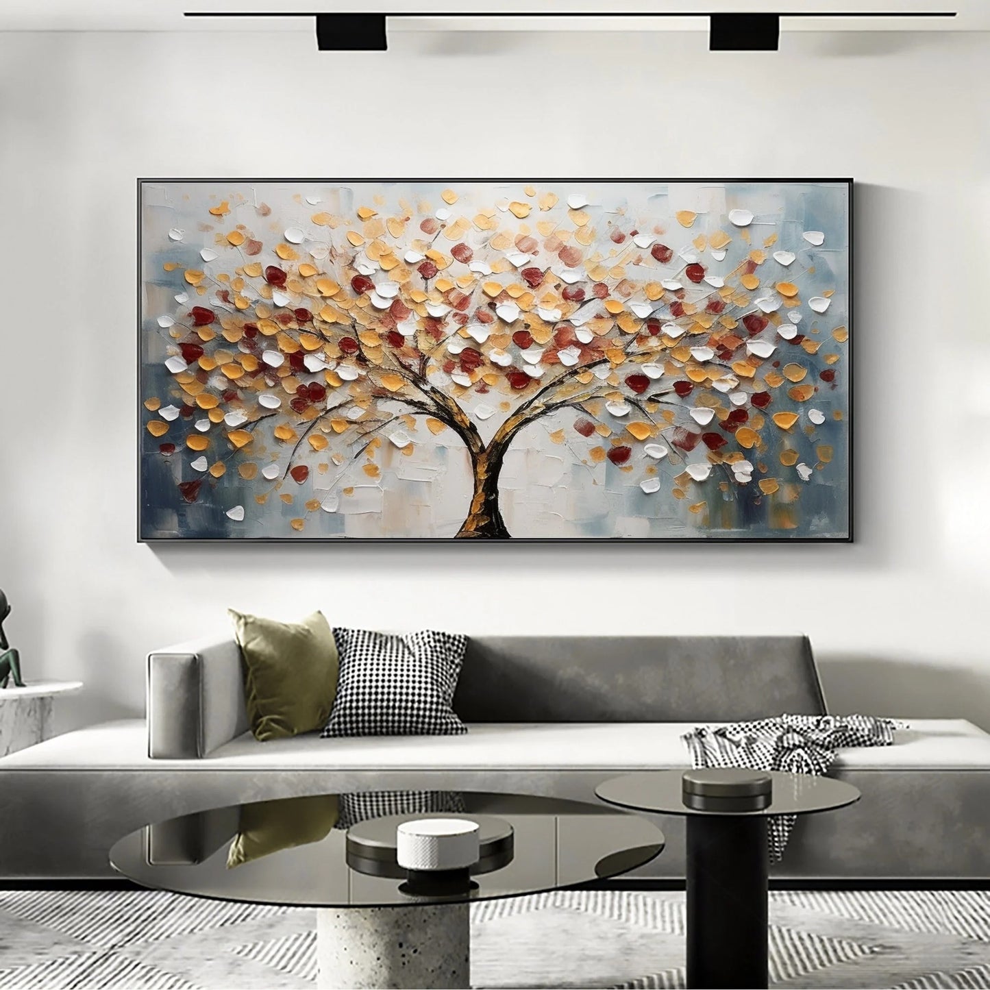 Tree of Life Large Textured Landscape Painting Canvas styled in a refined neutral room setting to show wall scale, calm proportion, and interior decor mood.