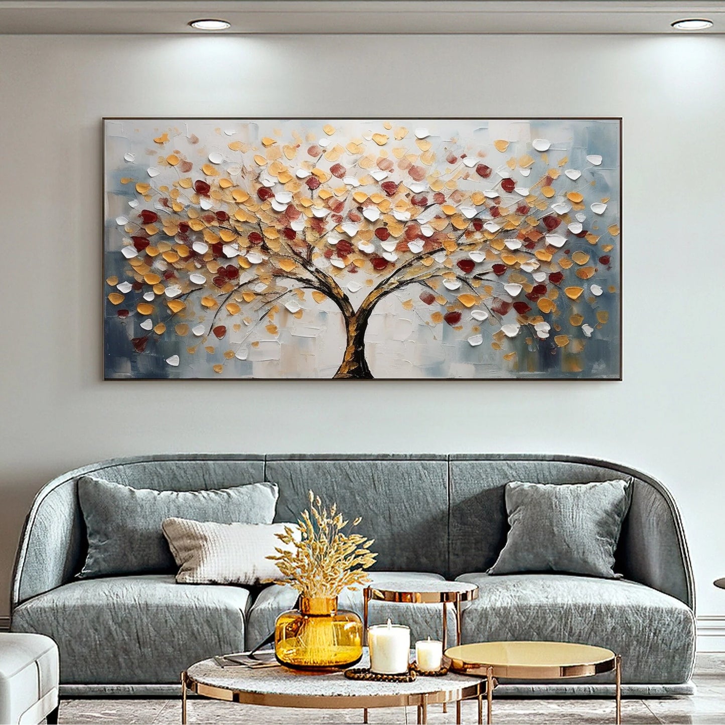 Tree of Life Large Textured Landscape Painting Canvas styled in a refined neutral room setting to show wall scale, calm proportion, and interior decor mood.