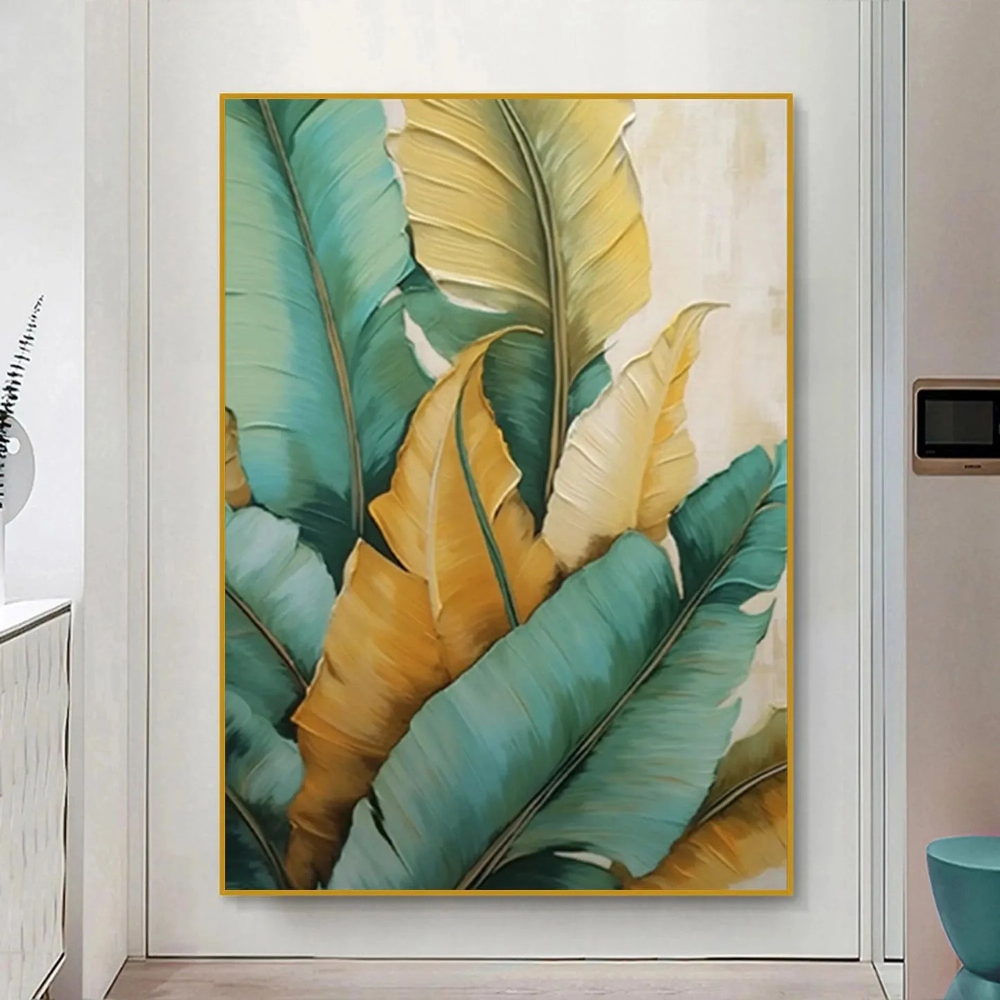 TROPICAL ABUNDANCE: Textured Tropical Leaves Painting, Green and Gold Wall Art, Vertical Canvas, Botanical Decor | Abstract closeup, raised brushwork detail