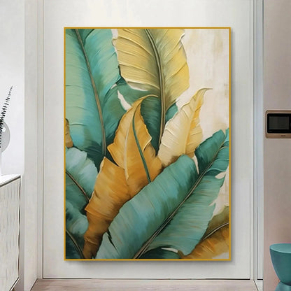 TROPICAL ABUNDANCE: Textured Tropical Leaves Painting, Green and Gold Wall Art, Vertical Canvas, Botanical Decor | Abstract closeup, raised brushwork detail