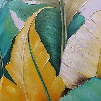 TROPICAL ABUNDANCE: Textured Tropical Leaves Painting, Green and Gold Wall Art, Vertical Canvas, Botanical Decor | rectangular format, hand-painted canvas edge