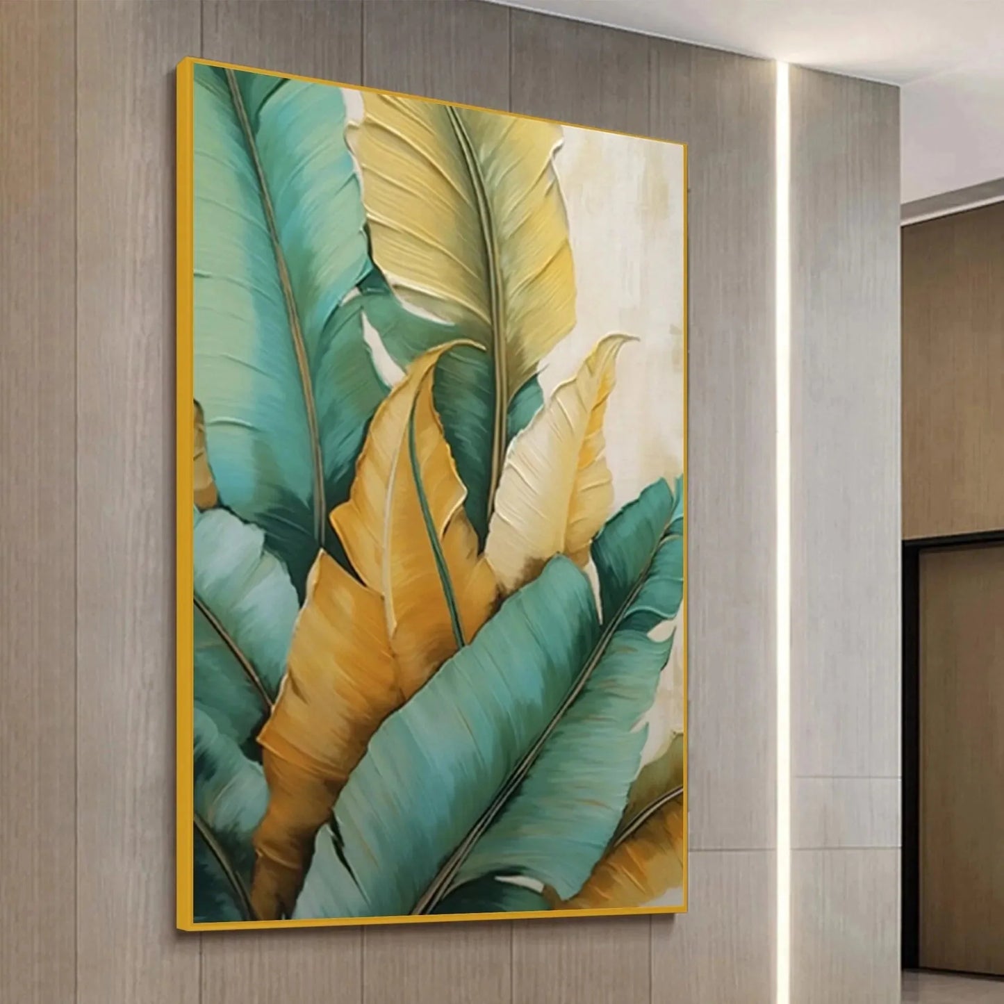 TROPICAL ABUNDANCE: Textured Tropical Leaves Painting, Green and Gold Wall Art, Vertical Canvas, Botanical Decor | gold frame stretched on neutral wall
