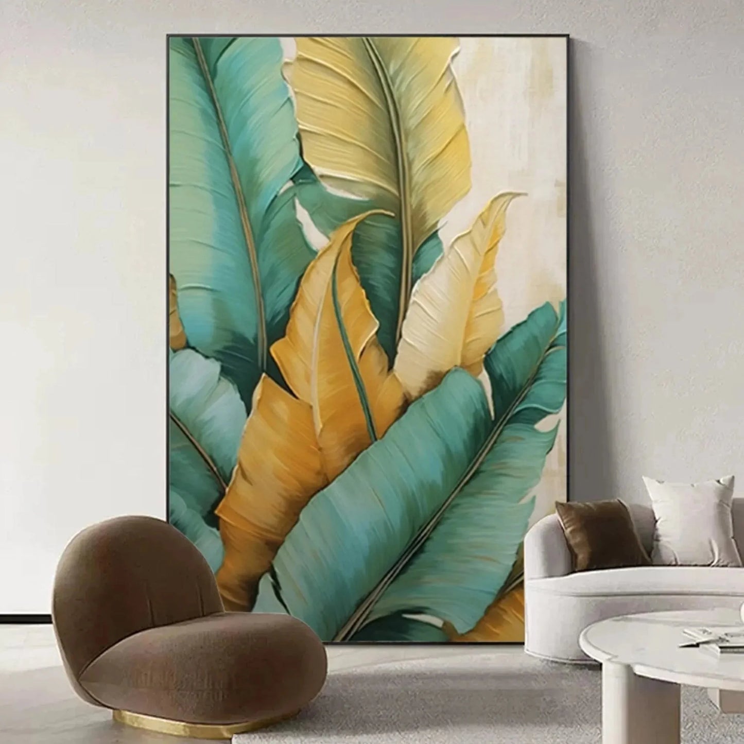 TROPICAL ABUNDANCE: Textured Tropical Leaves Painting, Green and Gold Wall Art, Vertical Canvas, Botanical Decor | black frame version on white wall