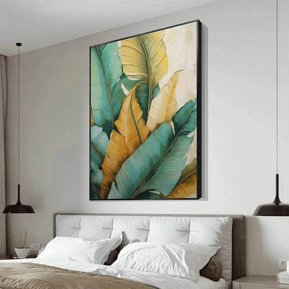 TROPICAL ABUNDANCE: Textured Tropical Leaves Painting, Green and Gold Wall Art, Vertical Canvas, Botanical Decor | Abstract mood, soft natural light studio shot