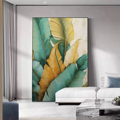 TROPICAL ABUNDANCE: Textured Tropical Leaves Painting, Green and Gold Wall Art, Vertical Canvas, Botanical Decor | green palette, original oil on stretched canvas art