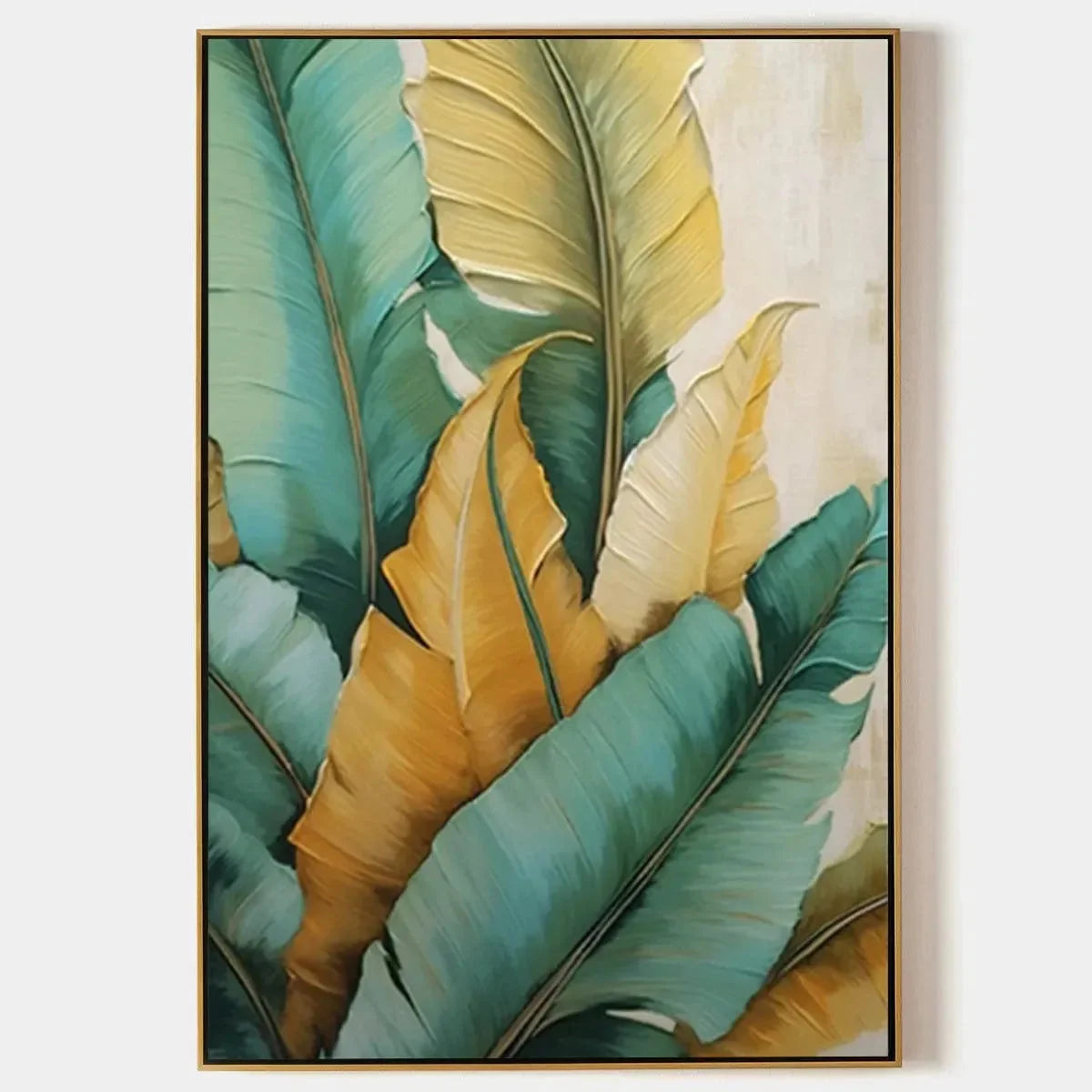 TROPICAL ABUNDANCE: Textured Tropical Leaves Painting, Green and Gold Wall Art, Vertical Canvas, Botanical Decor | hanging in living room, Abstract wall art