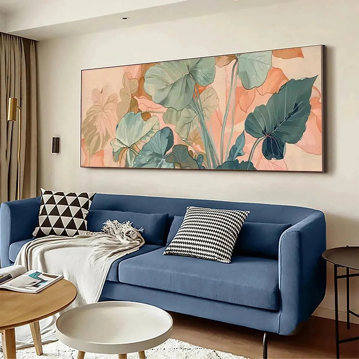 TROPICAL LEAF PANORAMIC: Botanical Painting, Panoramic Wall Art | gold frame stretched on neutral wall