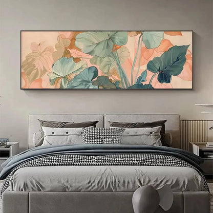 TROPICAL LEAF PANORAMIC: Botanical Painting, Panoramic Wall Art | black frame version on white wall