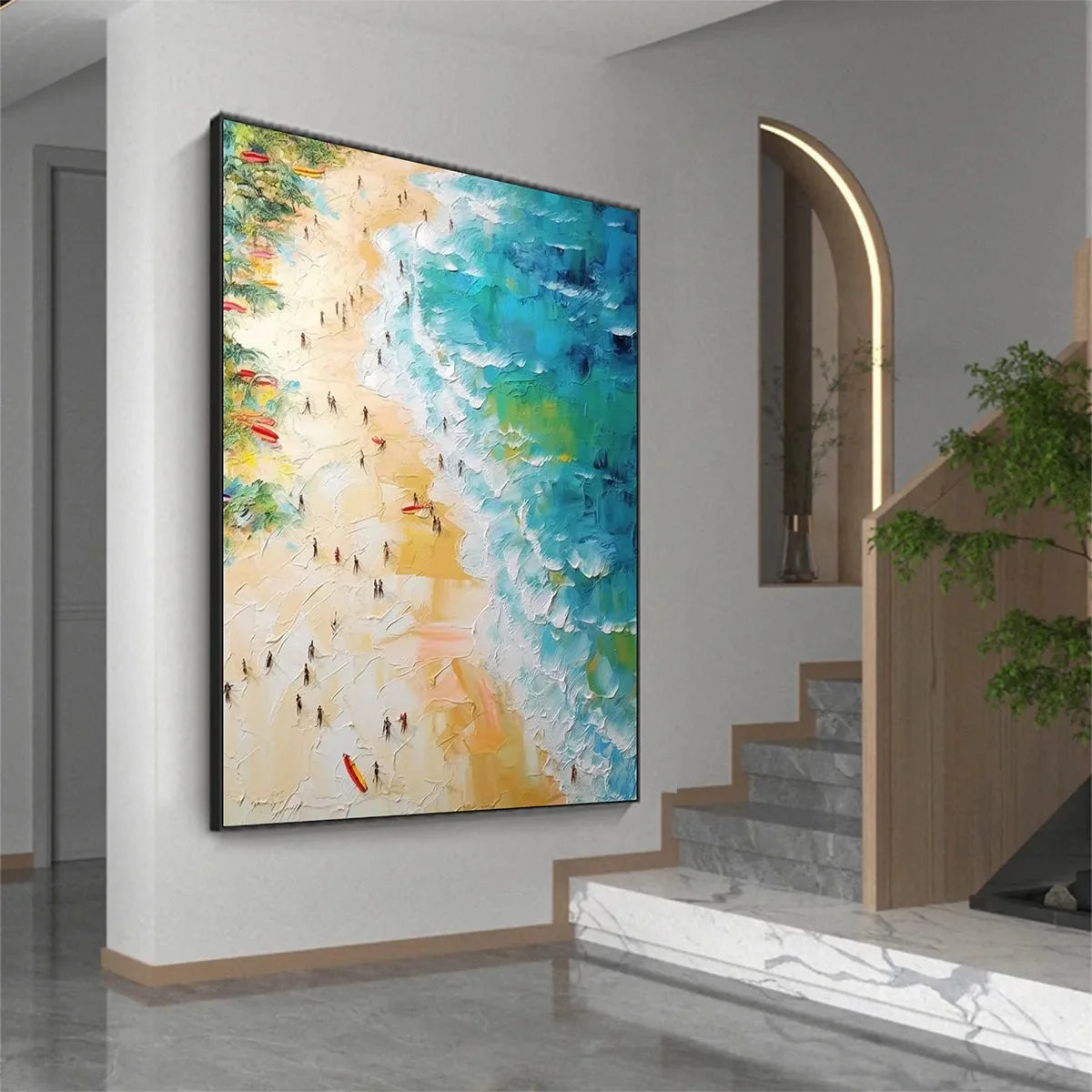 TROPICAL PARADISE: Vertical Impasto Beach Scene Oil Painting | gold frame stretched on neutral wall