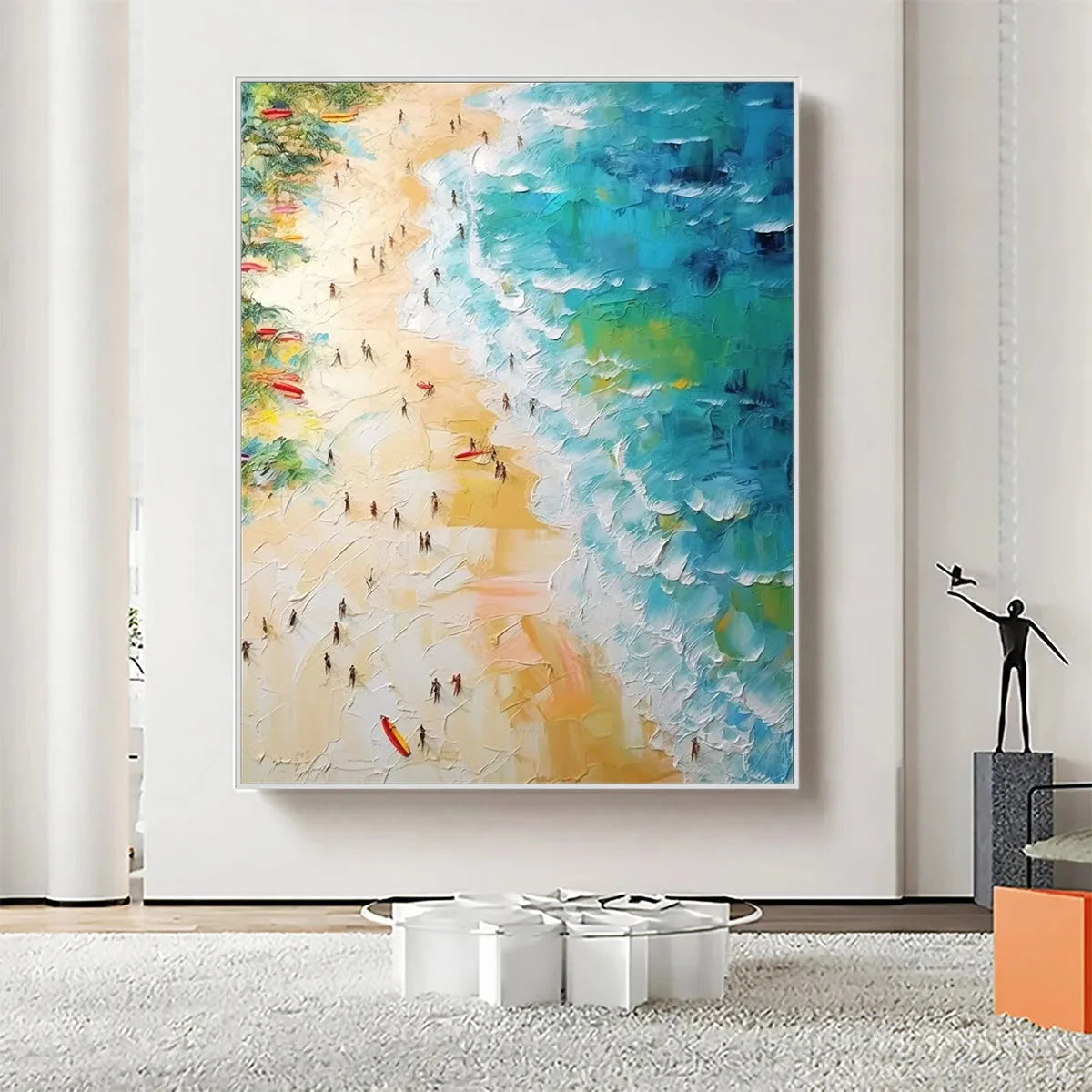 TROPICAL PARADISE: Vertical Impasto Beach Scene Oil Painting | black frame version on white wall