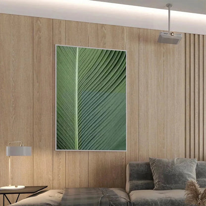 TROPICAL SERENITY: Minimalist Botanical Painting, Green Leaf Wall Art, Vertical Canvas | gold frame stretched on neutral wall