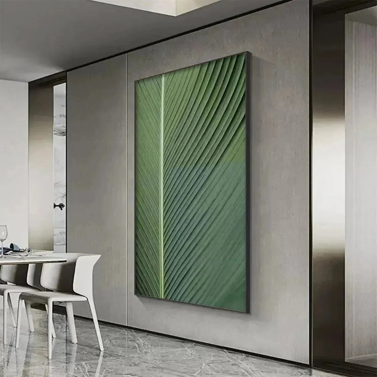 TROPICAL SERENITY: Minimalist Botanical Painting, Green Leaf Wall Art, Vertical Canvas | rolled canvas, ready for custom framing