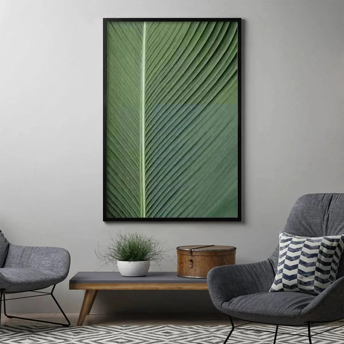 TROPICAL SERENITY: Minimalist Botanical Painting, Green Leaf Wall Art, Vertical Canvas | Minimalist mood, soft natural light studio shot