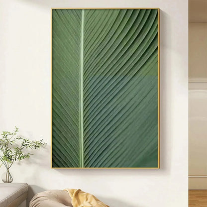 TROPICAL SERENITY: Minimalist Botanical Painting, Green Leaf Wall Art, Vertical Canvas | green palette, original oil on stretched canvas art