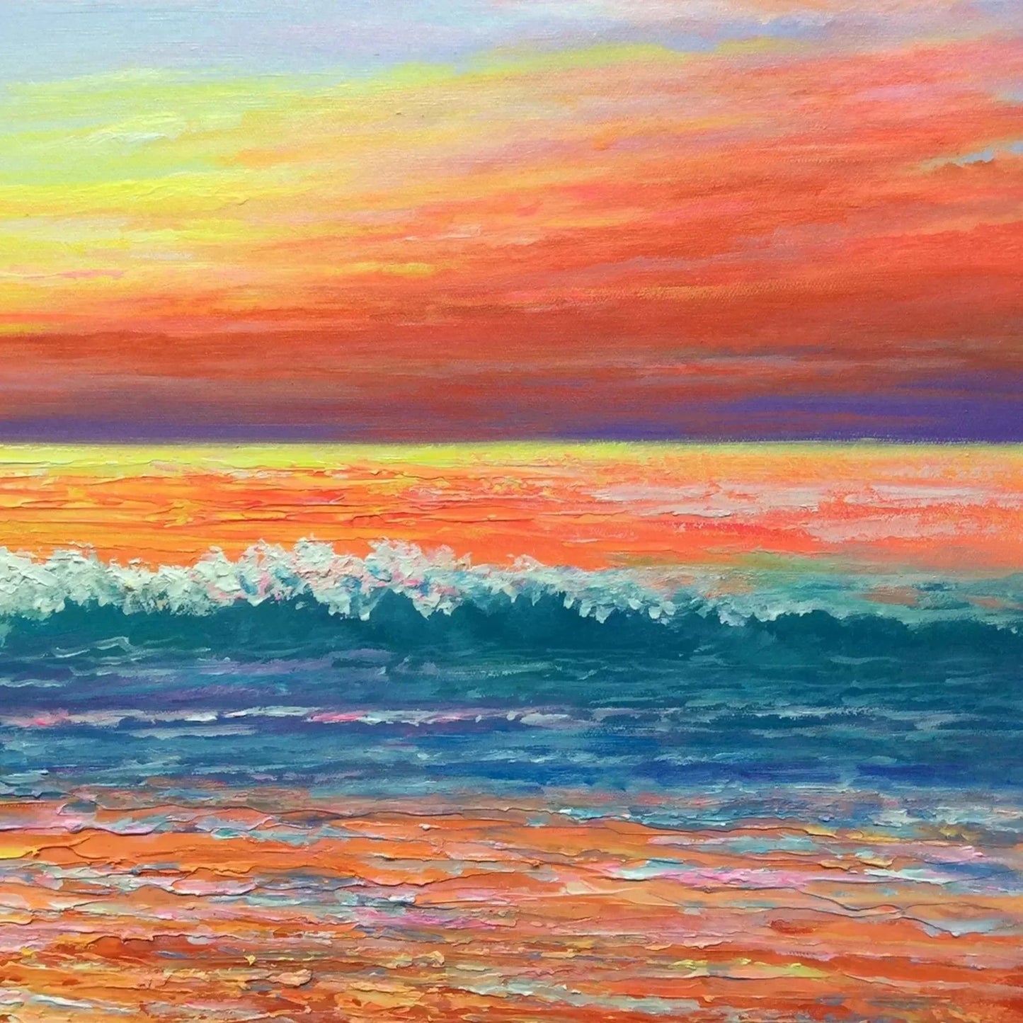 TROPICAL SUNSET BEACH: Vibrant Coastal Painting | rectangular format, hand-painted canvas edge